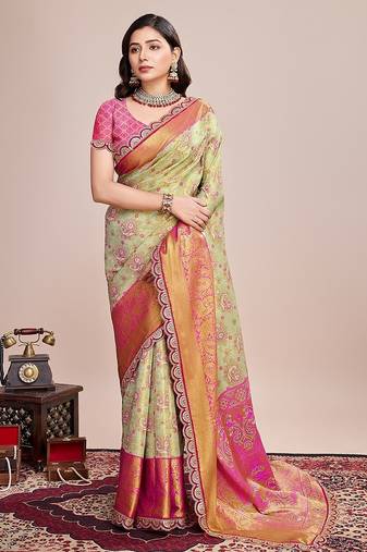 Pista green zari work silk blend saree with blouse