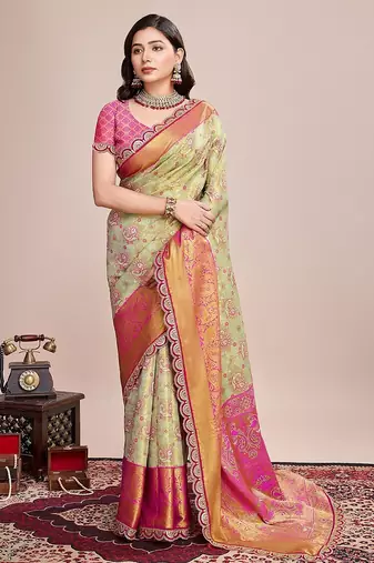 Pista green zari work silk blend saree with blouse