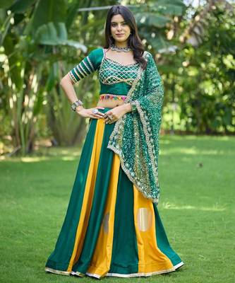 Emerald&Mustard Cotton Readymade Navratri Lehenga Choli with Bandhej Lace Work 1