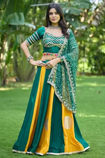 Emerald&Mustard Cotton Readymade Navratri Lehenga Choli with Bandhej Lace Work