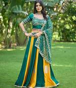 Emerald&Mustard Cotton Readymade Navratri Lehenga Choli with Bandhej Lace Work