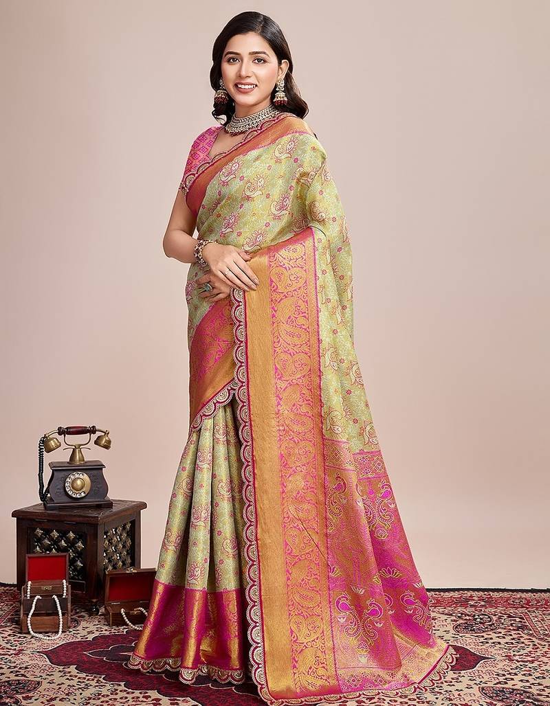 Pista green zari work silk blend saree with blouse