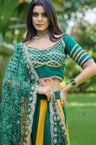 Emerald&Mustard Cotton Readymade Navratri Lehenga Choli with Bandhej Lace Work