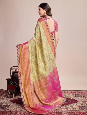Pista green zari work silk blend saree with blouse 4
