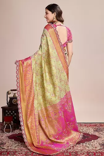 Pista green zari work silk blend saree with blouse