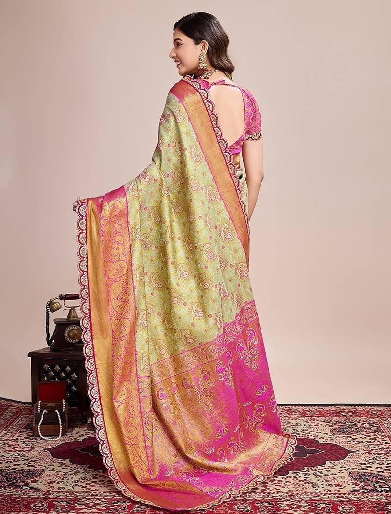 Pista green zari work silk blend saree with blouse