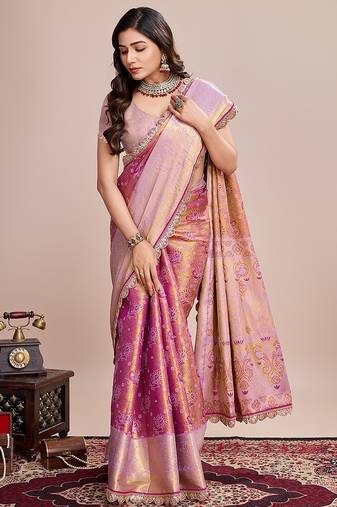 Pink zari work silk blend saree with blouse