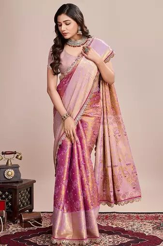 Pink zari work silk blend saree with blouse