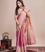 Pink zari work silk blend saree with blouse
