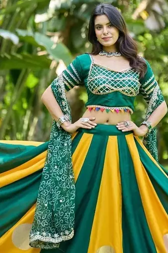 Emerald&Mustard Cotton Readymade Navratri Lehenga Choli with Bandhej Lace Work