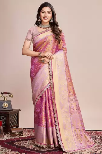 Pink zari work silk blend saree with blouse
