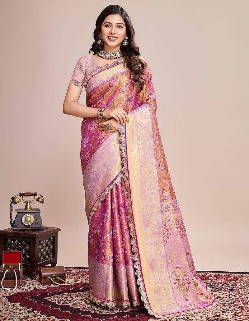 Pink zari work silk blend saree with blouse