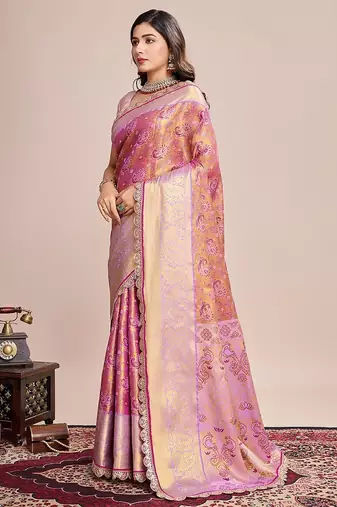 Pink zari work silk blend saree with blouse