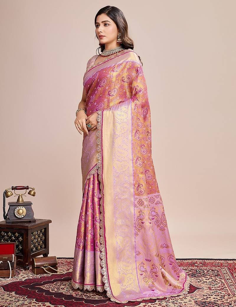 Pink zari work silk blend saree with blouse