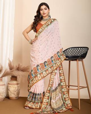 cream digital print malsin cotton blend saree with blouse 1
