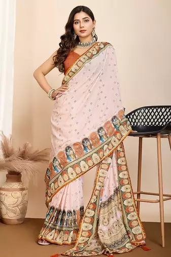 cream digital print malsin cotton blend saree with blouse