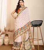 cream digital print malsin cotton blend saree with blouse