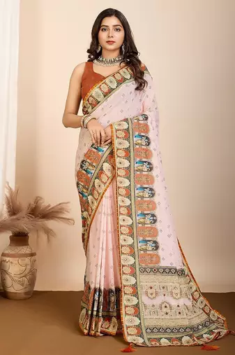 cream digital print malsin cotton blend saree with blouse