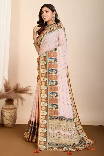 cream digital print malsin cotton blend saree with blouse