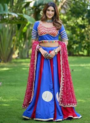Blue&Red Cotton Readymade Navratri Lehenga Choli with Bandhej & Lace Work 1