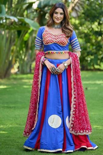 Blue&Red Cotton Readymade Navratri Lehenga Choli with Bandhej & Lace Work