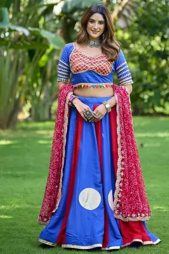 Blue&Red Cotton Readymade Navratri Lehenga Choli with Bandhej & Lace Work