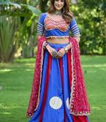 Blue&Red Cotton Readymade Navratri Lehenga Choli with Bandhej & Lace Work