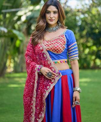 Blue&Red Cotton Readymade Navratri Lehenga Choli with Bandhej & Lace Work 2