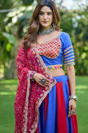Blue&Red Cotton Readymade Navratri Lehenga Choli with Bandhej & Lace Work