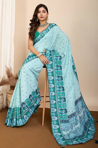 blue digital print malsin cotton blend saree with blouse