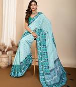 blue digital print malsin cotton blend saree with blouse