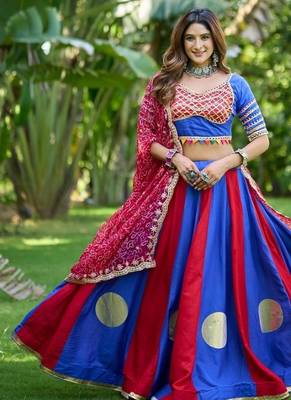 Blue&Red Cotton Readymade Navratri Lehenga Choli with Bandhej & Lace Work 3