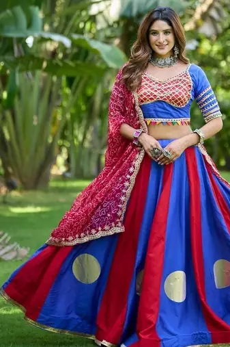 Blue&Red Cotton Readymade Navratri Lehenga Choli with Bandhej & Lace Work