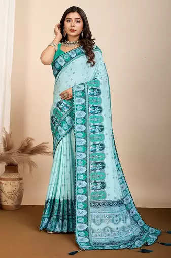 blue digital print malsin cotton blend saree with blouse