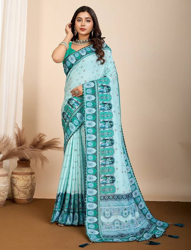 blue digital print malsin cotton blend saree with blouse