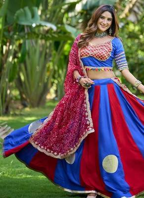 Blue&Red Cotton Readymade Navratri Lehenga Choli with Bandhej & Lace Work 4