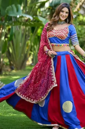 Blue&Red Cotton Readymade Navratri Lehenga Choli with Bandhej & Lace Work
