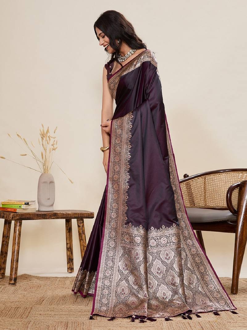 wine zari work satin saree with blouse