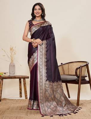 wine zari work satin saree with blouse 2