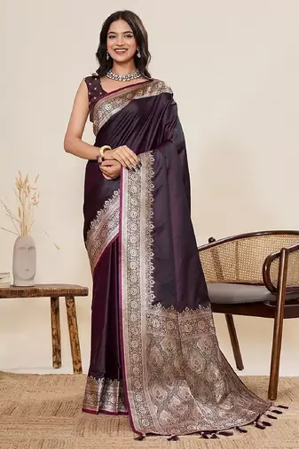 wine zari work satin saree with blouse