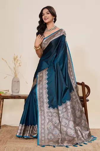 teal blue zari work satin saree with blouse