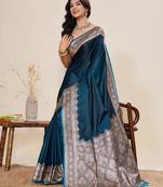teal blue zari work satin saree with blouse