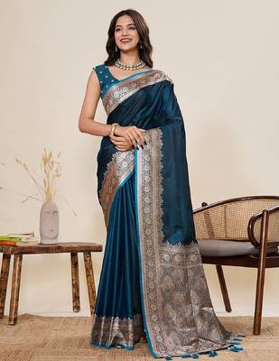 teal blue zari work satin saree with blouse 2