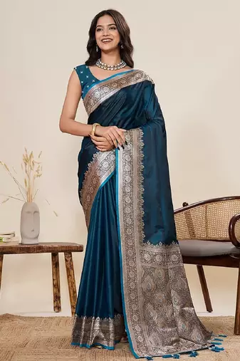 teal blue zari work satin saree with blouse