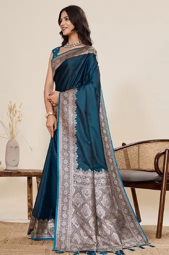 teal blue zari work satin saree with blouse