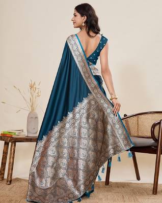 teal blue zari work satin saree with blouse 4
