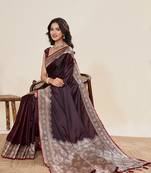 brown zari work satin saree with blouse