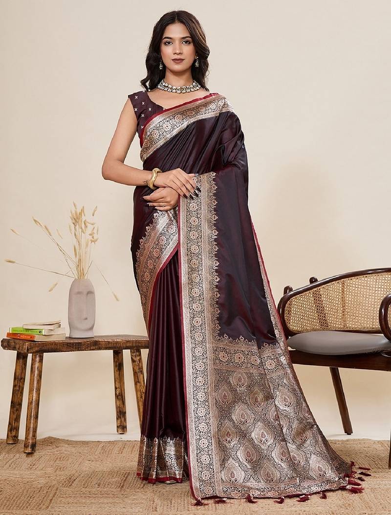brown zari work satin saree with blouse