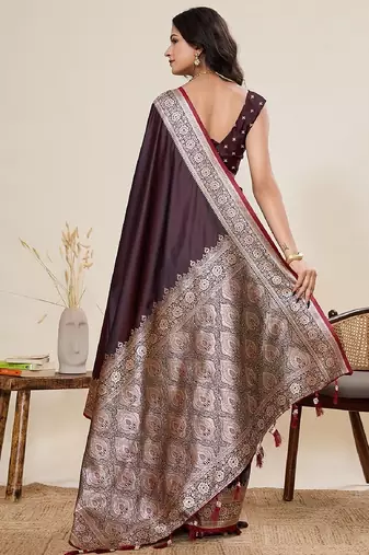 brown zari work satin saree with blouse