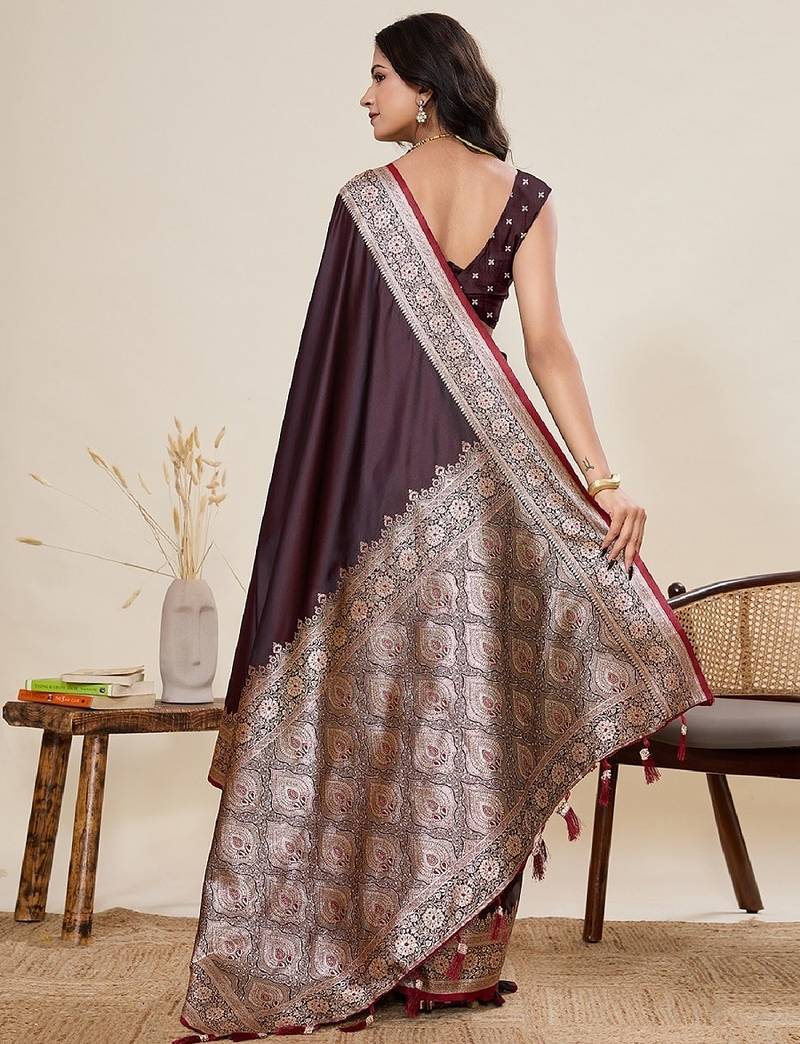 brown zari work satin saree with blouse
